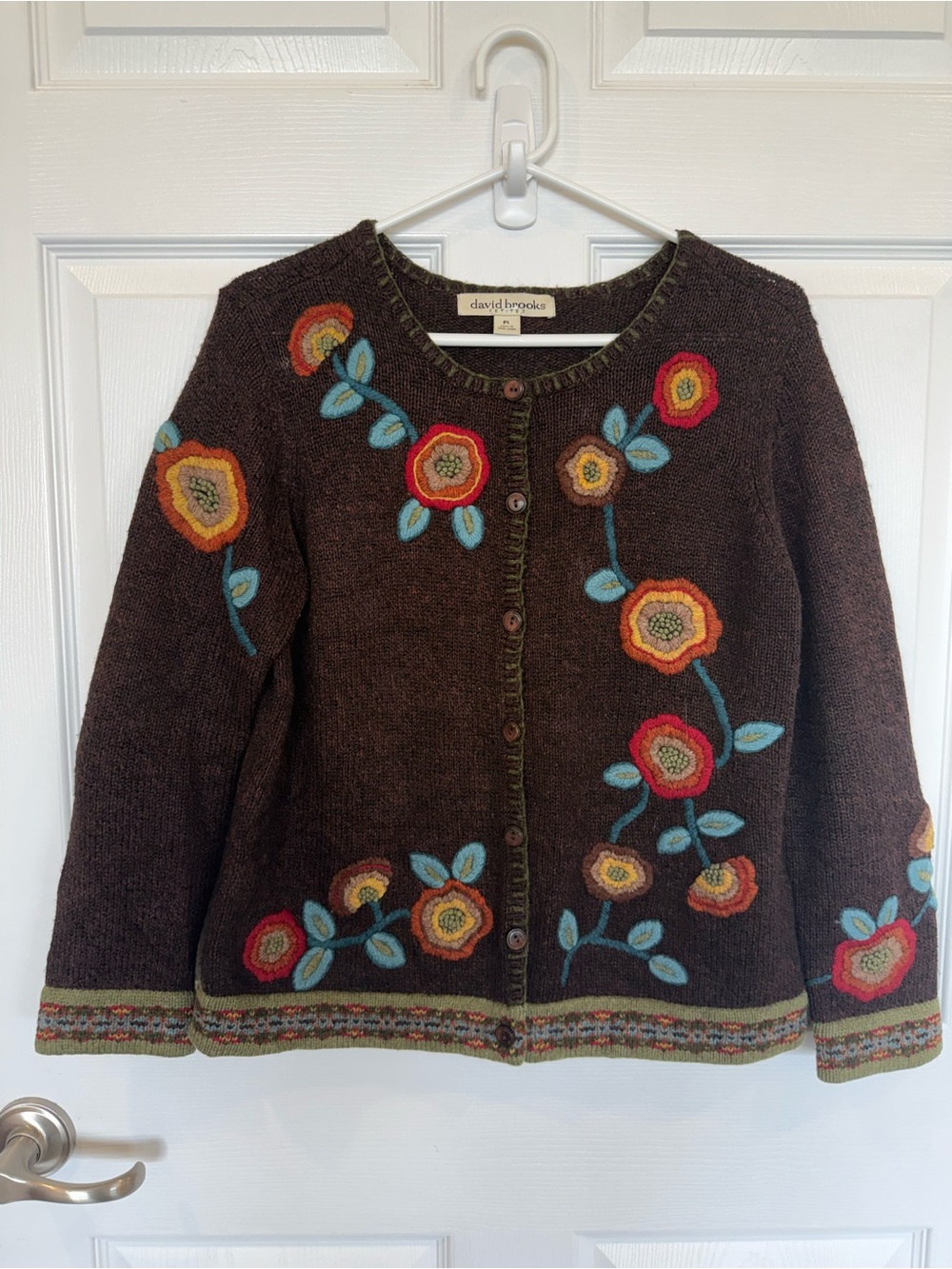 David Brooks Cardigan Brown Embroidered bold floral silk wool blend Vintage